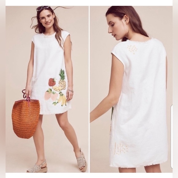 Anthropologie Holding Horses Fruit Salad Linen Tunic Dress White Raw Size Medium - Picture 1 of 9